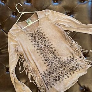Vocal Taupe Long Sleeve Fringe Western Shirt M
